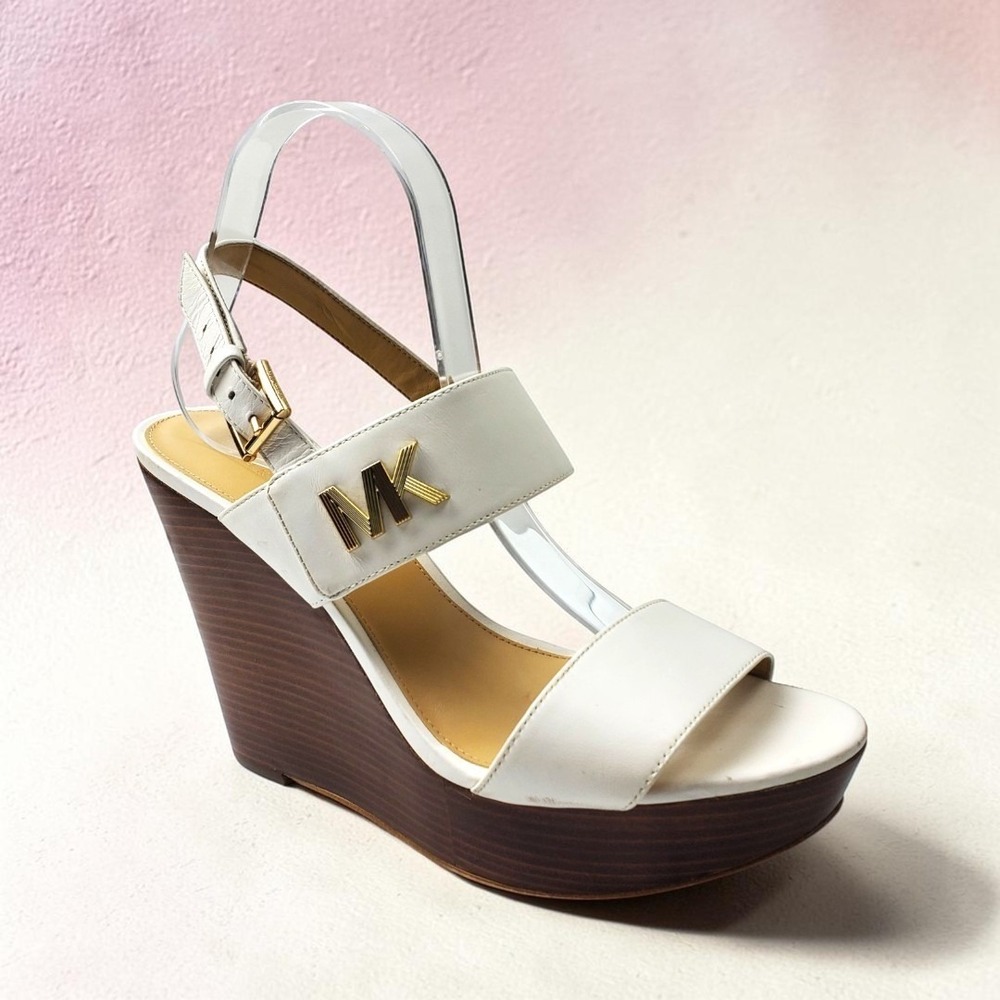 Michael Kors Womens White Leather MK Logo Wedge Platform Sandals PV20B Size 9.5M